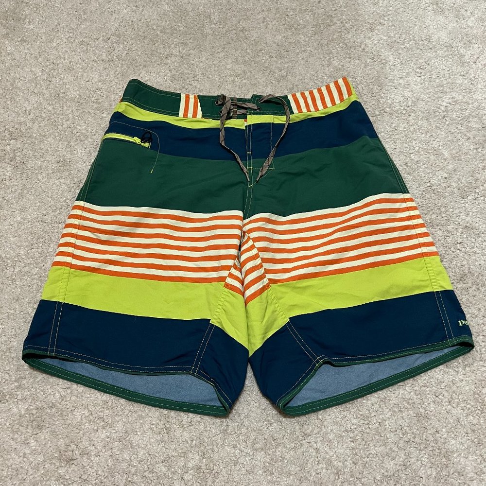 Patagonia Board Shorts Size 32 Green Orange Stripe Colorblock Drawstring